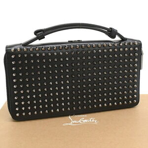 Christian Louboutin Panettone Wallet Travel Zip Long Calf Spikes Black
